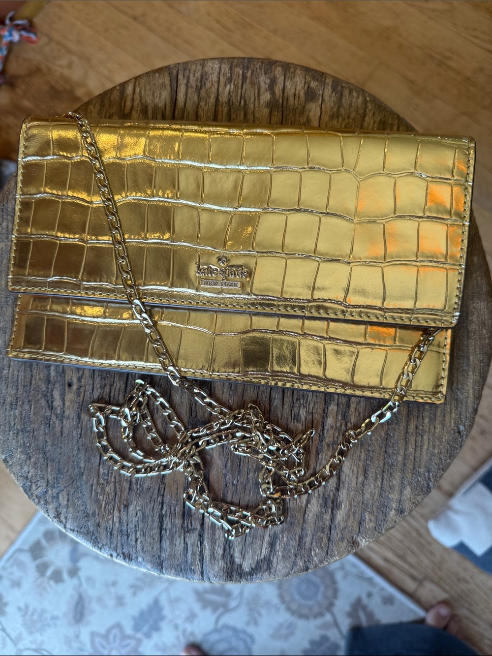 kate spade Metallic Gold Croc-Embossed Foldover Wristlet Clutch